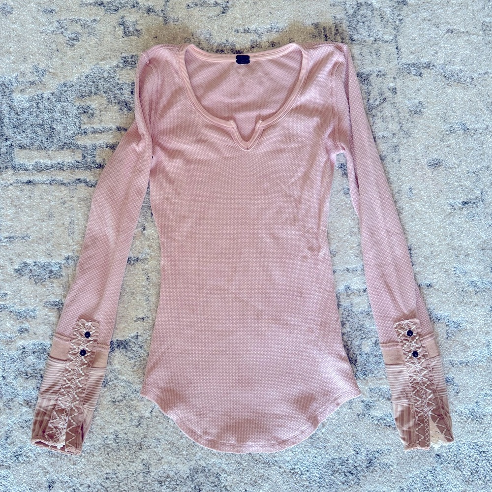 Free People Dusty Pink Long Sleeve Lace Cuff Tee